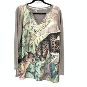 Akemi + Kin Anthropologie Jungle Leopard Print Graphic Top Womens M Long Sleeve